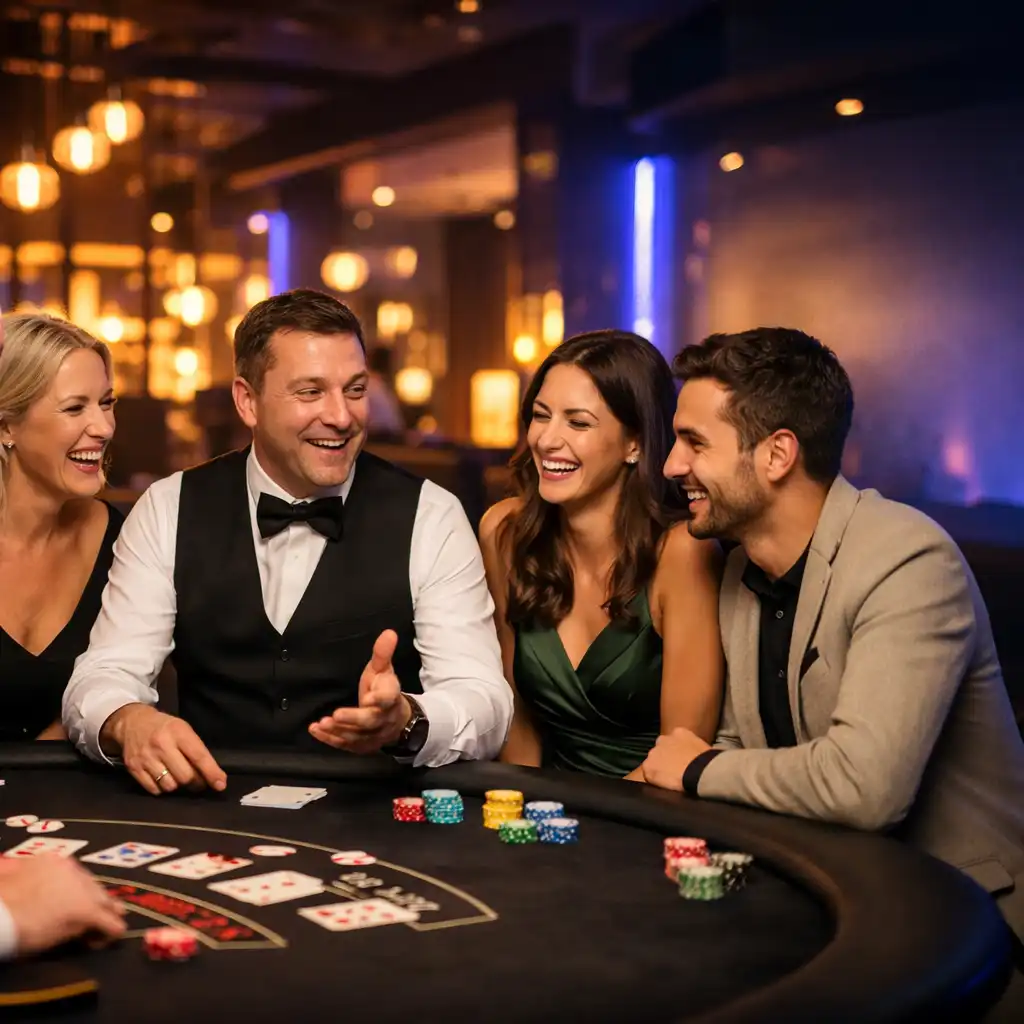 Játékvezető és vendégek beszélgetnek egy modern rendezvény blackjackasztalánál