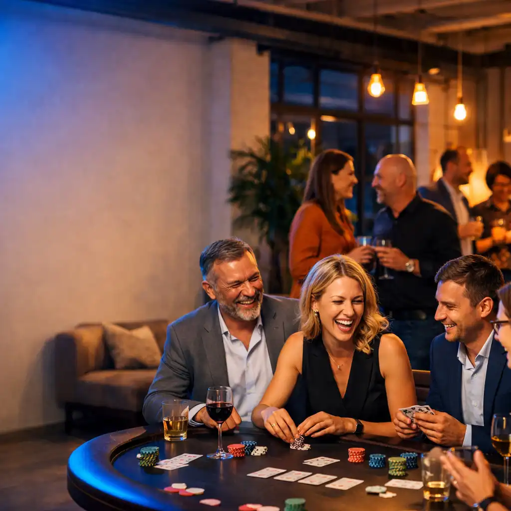 Kollégák beszélgetnek egy kreatív játékasztal és lounge zóna körül egy világos céges esti rendezvényen.
