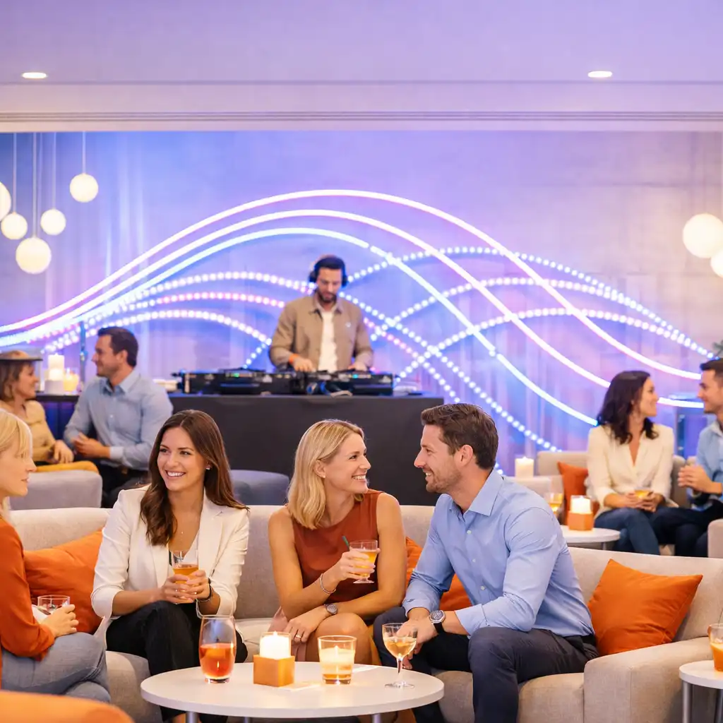 Kortárs rendezvény lounge zónája fényinstallációval és kötetlenül beszélgető vendégekkel