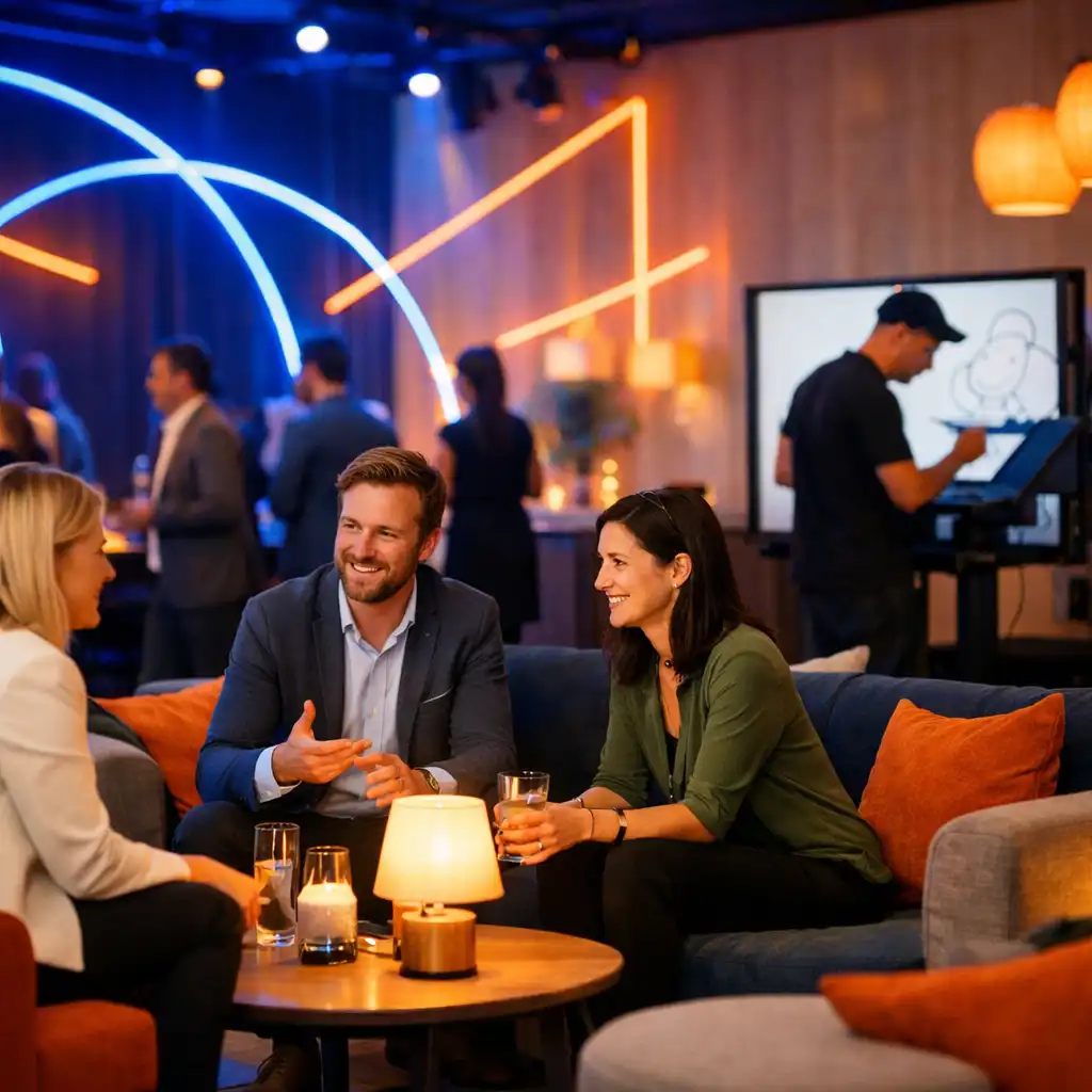 Kortárs vállalati lounge zóna beszélgető vendégekkel és grafikus fényinstallációval.