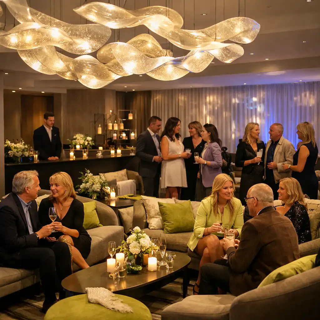 Vendégek beszélgetnek egy modern privát esemény lounge zónájában