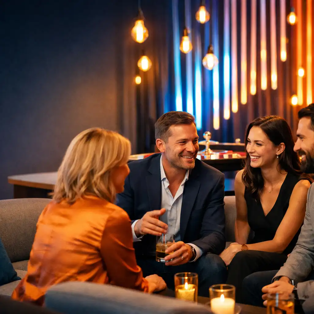 Vendégek beszélgetnek egy színes fényekkel megvilágított lounge zónában, háttérben rulettasztallal