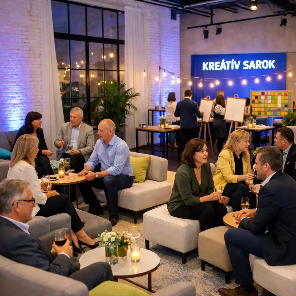 Vendégek modern lounge térben beszélgetnek kékes-lila rendezvényfények között