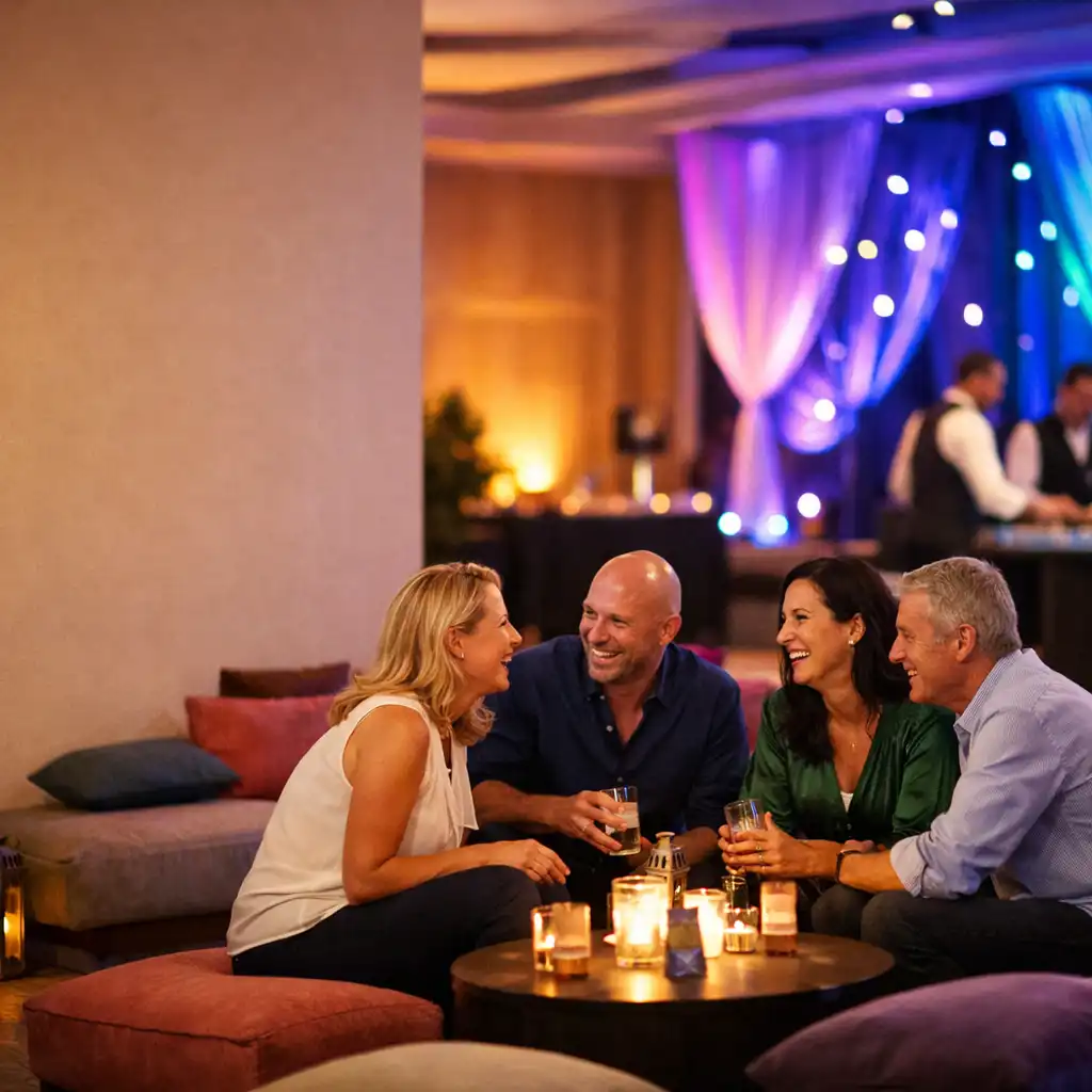 Vendégek beszélgetnek egy modern, kék-violet fényű lounge-zónában