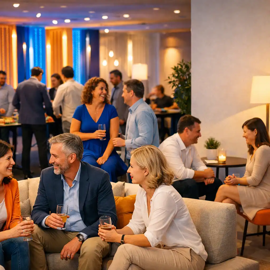 Vendégek beszélgetnek egy kortárs rendezvény lounge-zónájában, háttérben színes fényinstallációval.